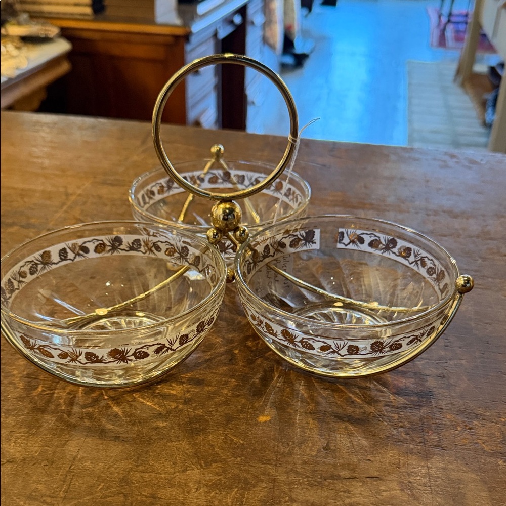 Gold-Trim Clear Glass 3-Bowl Serving Server with Handle
